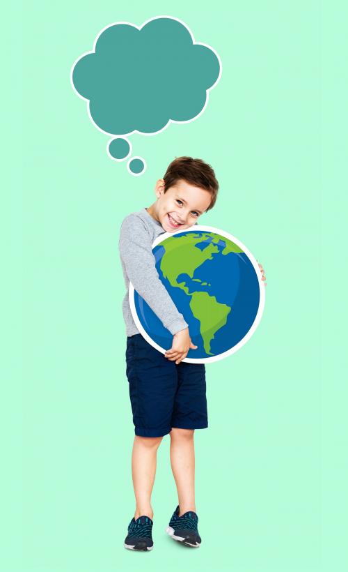 Happy boy hugging an earth icon - 491857