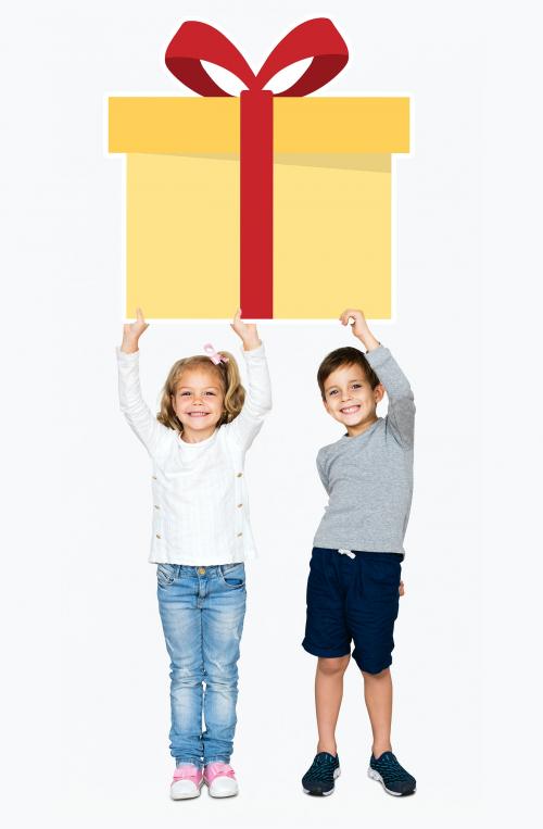 Happy kids holding a gift icon - 491879