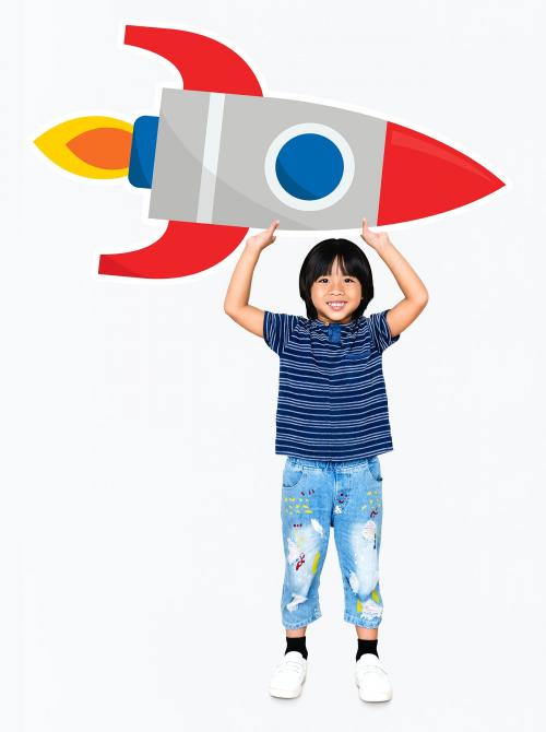 Cute happy boy holding a rocket icon - 491887