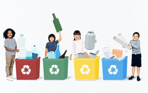 Happy diverse kids recycling garbage into bins - 491915