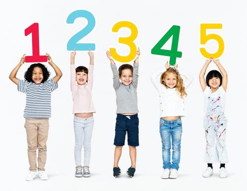 Cheerful diverse kids holding numbers one to five - 491924