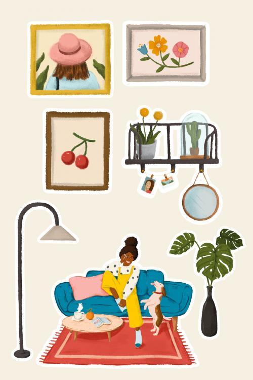Daily routine life of a girl with her dog and home stuffs sticker vector - 2023332