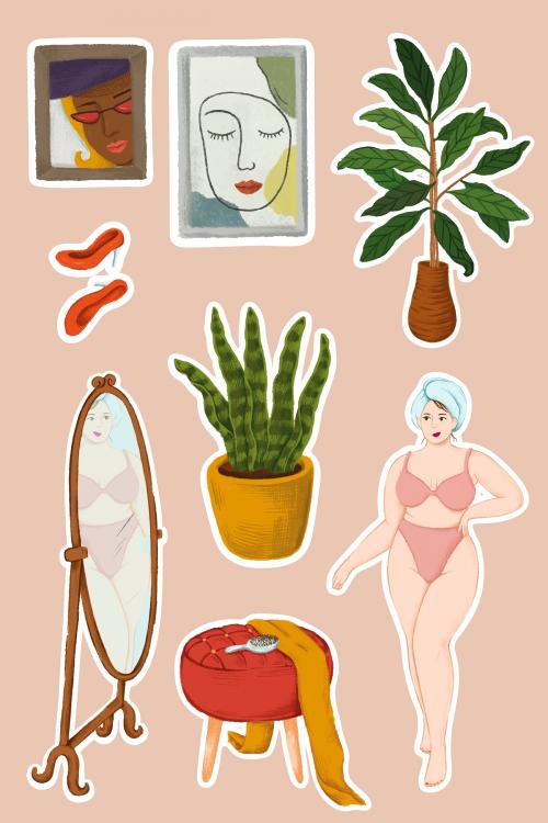 Daily routine life of a girl in lingerie after shower and home stuffs sticker vector - 2023337