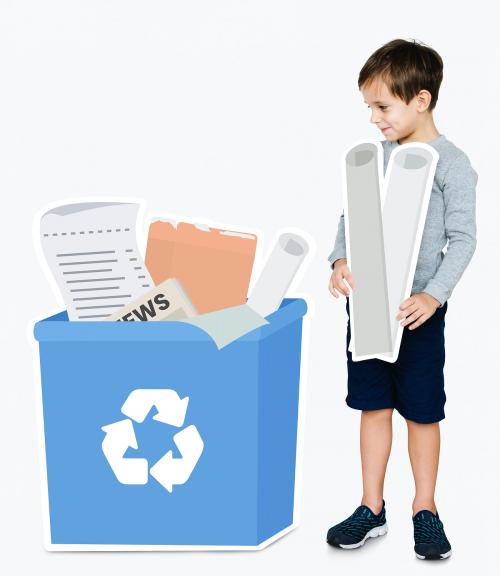 Happy boy collecting paper for recycling - 491995