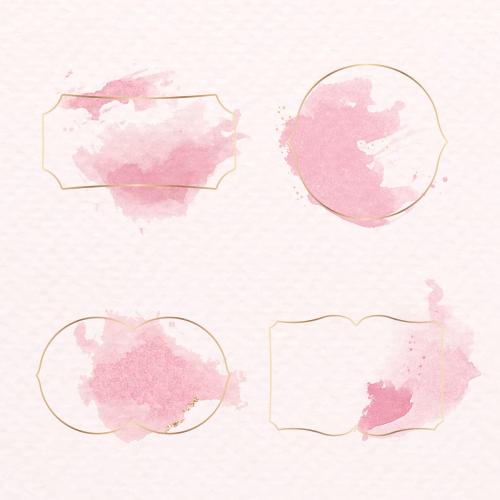 Gold badge with pink watercolor paint set vector - 2025741