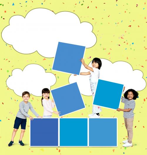 Diverse happy kids stacking empty square boards - 491999