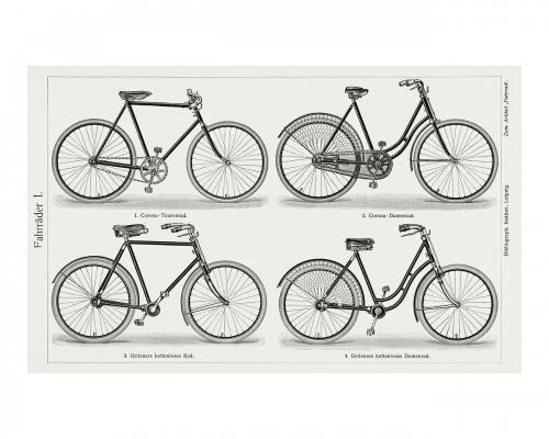 Black and white different types of bicycles vintage illustration wall art print and poster design remix from original artwork. - 2267429