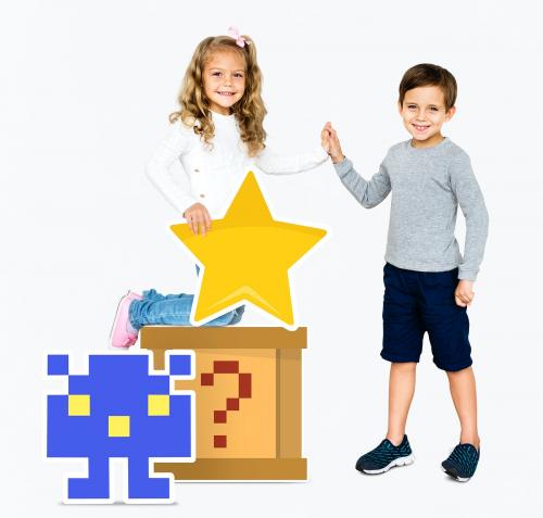 Happy kids with pixilated gaming icons - 492047
