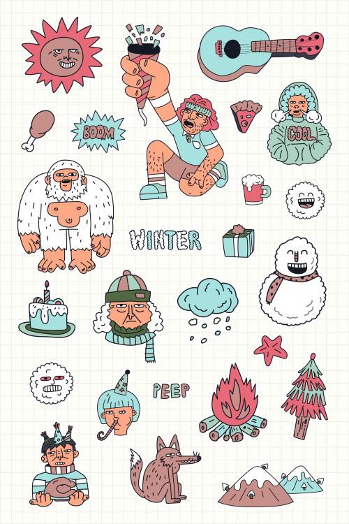Hand drawn winter character stickers collection vector - 2033537