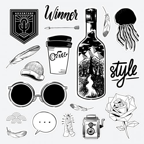 Set of black and white sticker doodle vector - 2034596