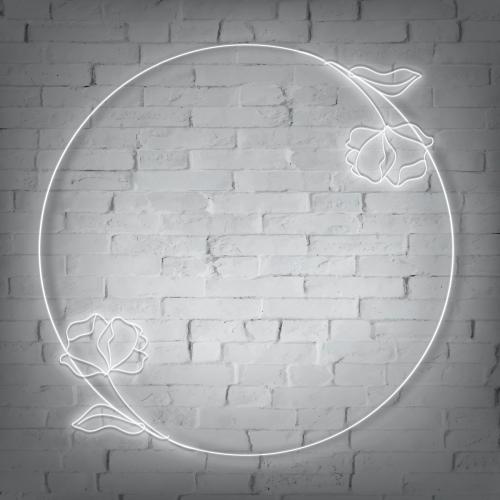 Neon lights round frame with flowers on white brick wall vector - 2037321