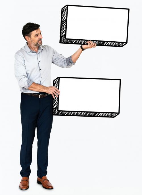 Happy businessman holding two empty boards - 490980