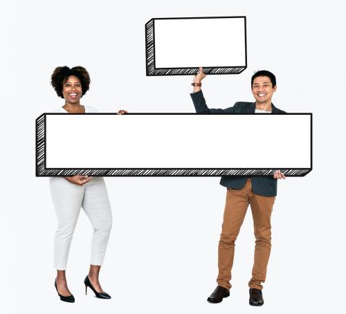 Diverse people holding two empty boards - 490991