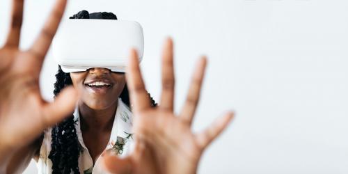 Black woman enjoying a VR headset social template - 2030378