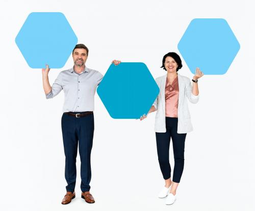 Diverse people showing blue hexagon shaped boards - 491028