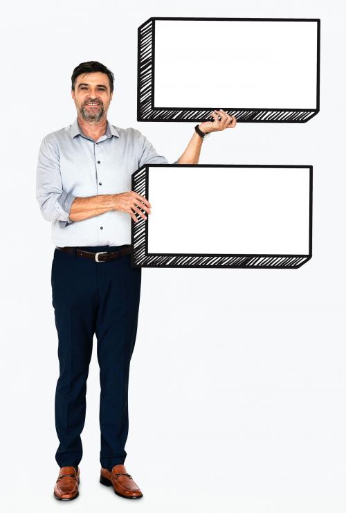Happy businessman holding two empty boards - 491087