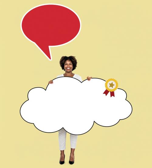Cheerful woman showing a cloud shaped prize board - 491128