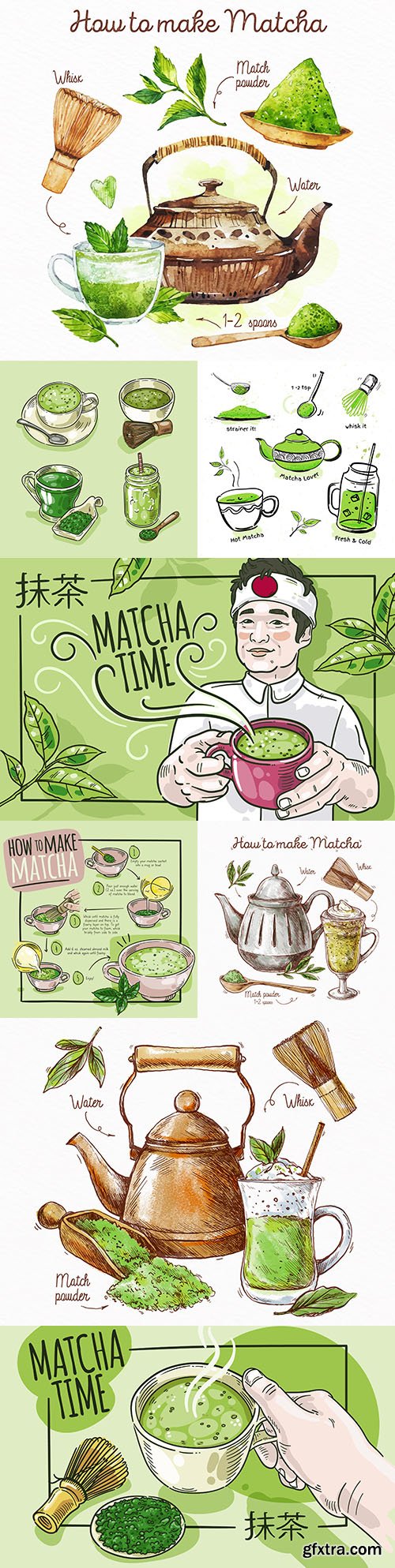 How to brew green tea match collection illustration