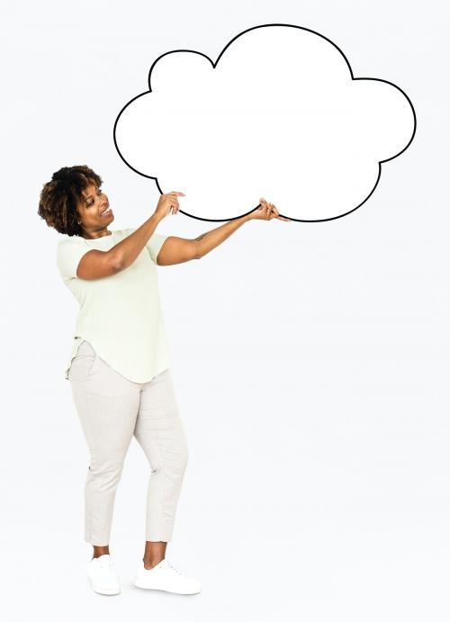 Cheerful woman showing a blank white cloud shaped board - 491201