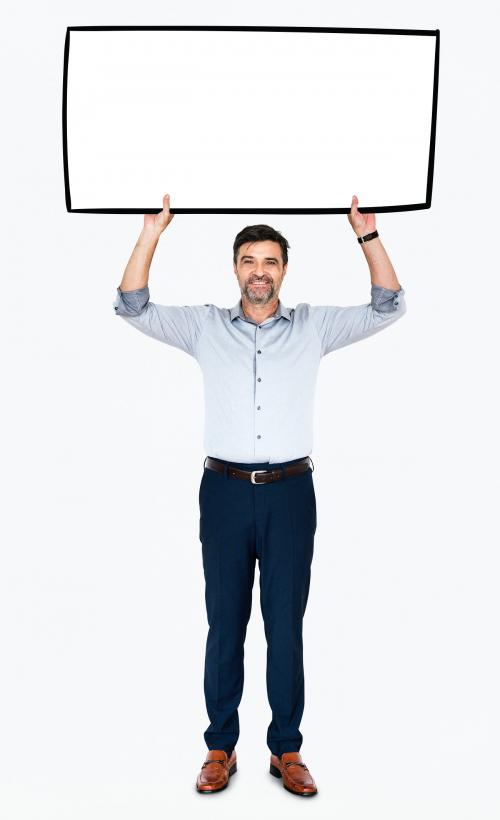 Cheerful man showing a blank white banner - 491215