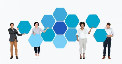 Diverse people showing blue hexagon shaped boards - 491220