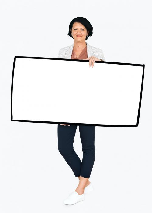 Cheerful woman showing a blank white banner - 491230