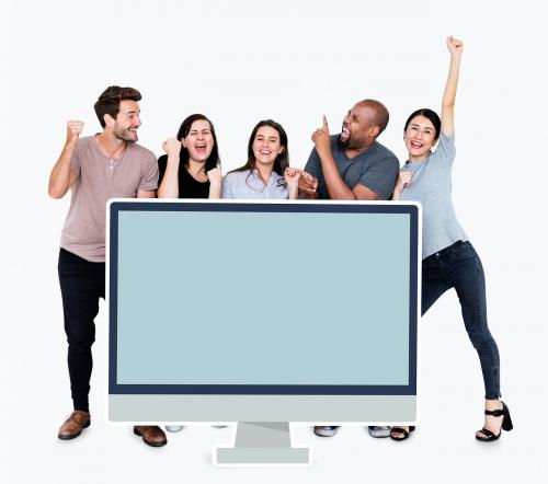Diverse people with a blank computer screen mockup - 477491
