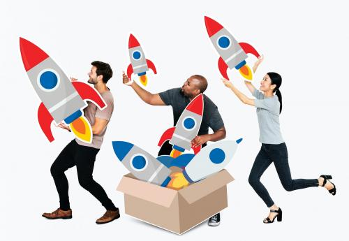 Group of diverse people with rockets in a box - 477518