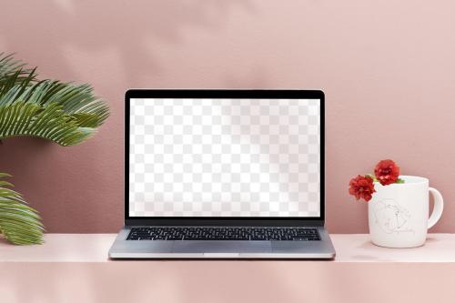 Laptop mockup with a pastel pink wall transparent png - 2024699