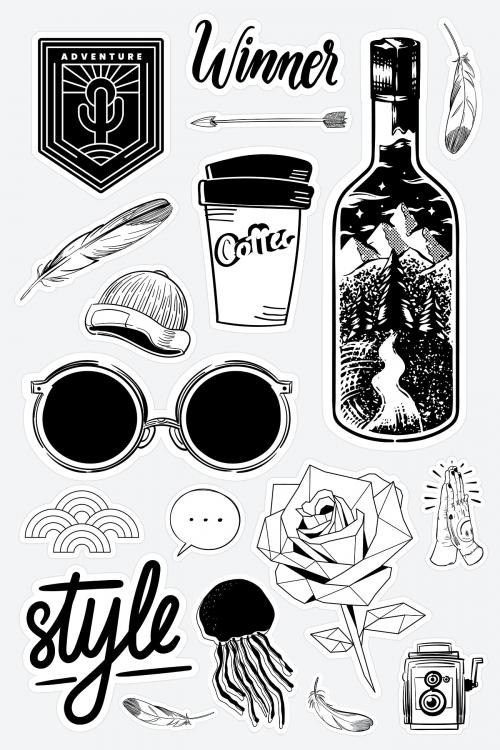 Set of black and white sticker doodle vector - 2034587