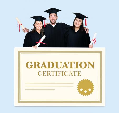 Group of grads in cap and gown with graduation certificate - 477544