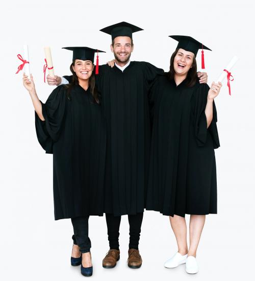 Group of grads in cap and gown holding diplomas - 477572