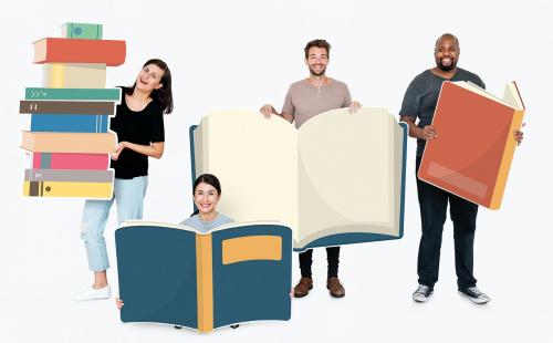 Happy diverse people holding book icons - 477584