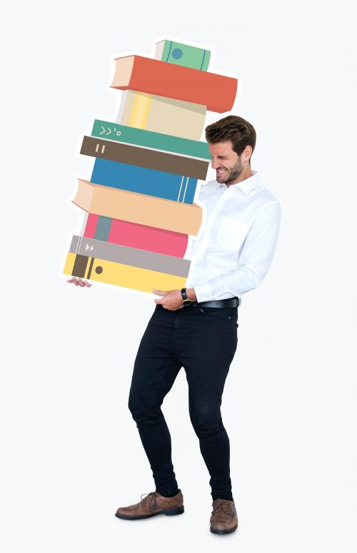 Young man carrying a stack of books - 477587