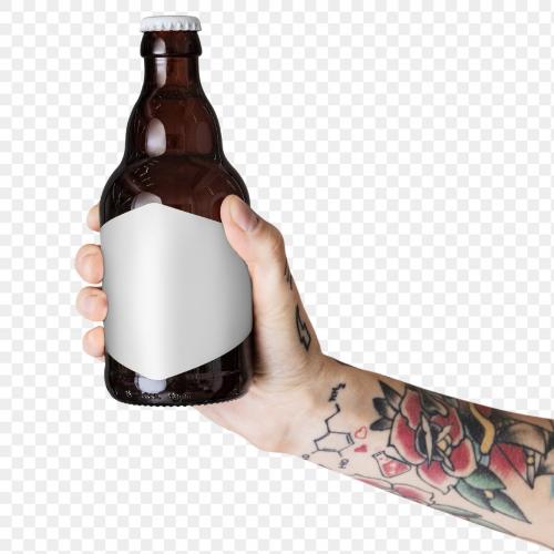Tattooed arm holding a brown glass bottle label mockup transparent png - 2053023
