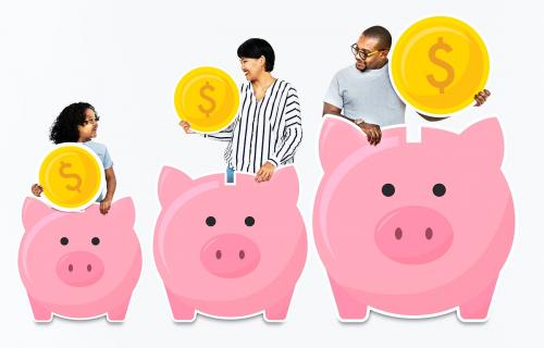 Happy family with savings in piggy banks - 490294
