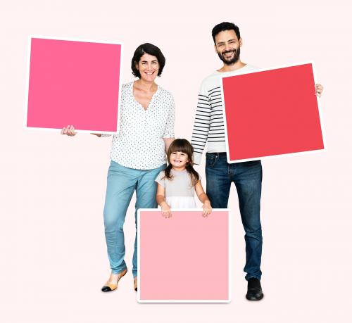 Family holding pink square boards - 490306