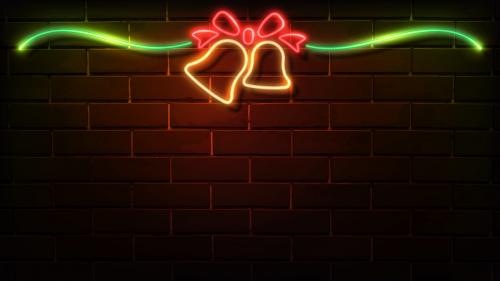 Christmas bell neon sign on a dark brick wall vector - 1229906