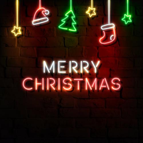 Stars, Santa hat, stocking, pine tree and Merry Christmas neon sign on a dark brick wall vector - 1229910
