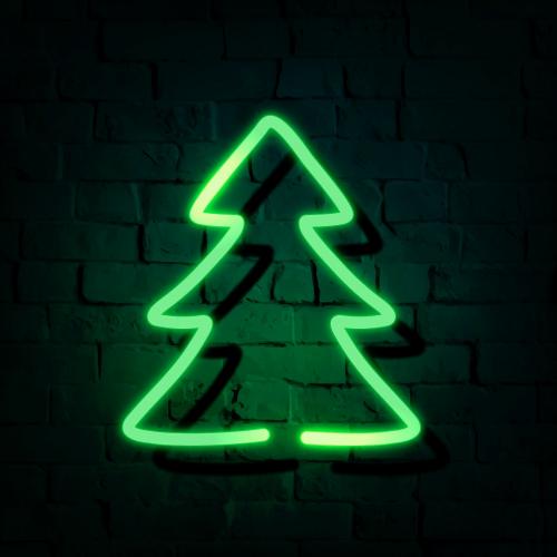 Christmas tree neon sign on a dark brick wall vector - 1229913