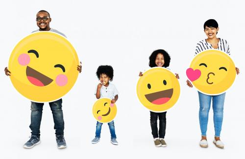 Happy family holding emoji icons - 490408