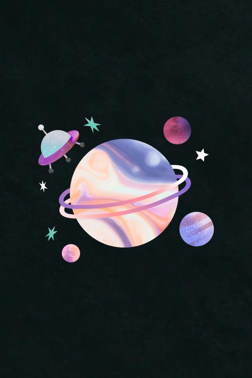 Colorful galaxy watercolor doodle with an UFO on black background vector - 1230095