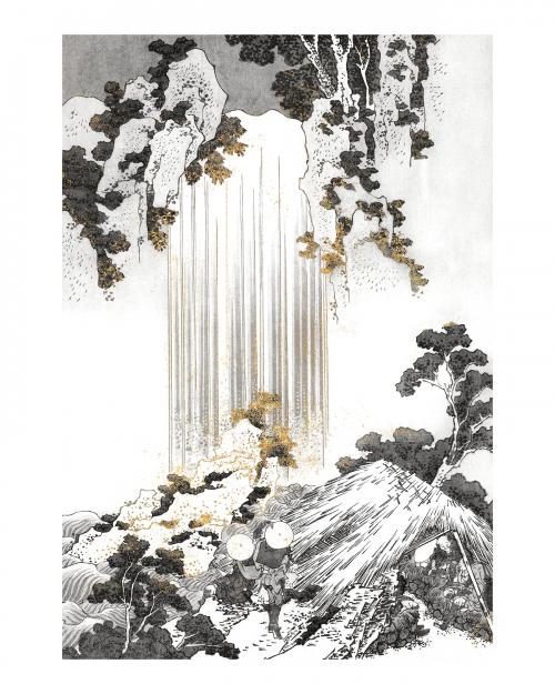 Vintage shiny golden Yoro waterfall illustration wall art print and poster design remix of original illustration by Hokusai. - 2266999