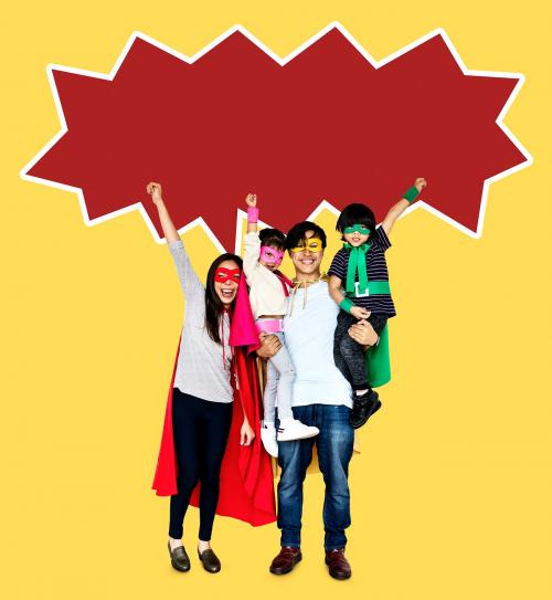 Happy family wearing superhero costumes - 490510
