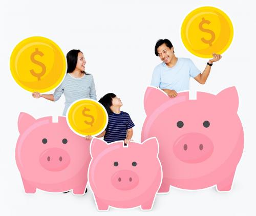 Happy family with savings in piggy banks - 490582