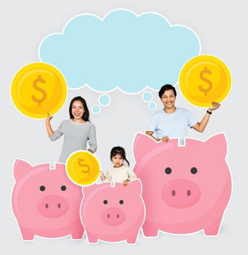 Happy family with savings in piggy banks - 490603