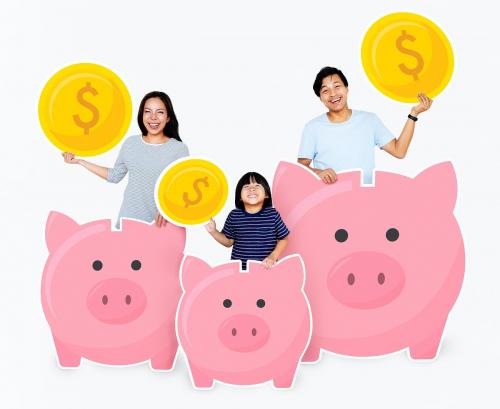 Happy family with savings in piggy banks - 490613
