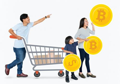 Happy family holding shopping icons - 490622