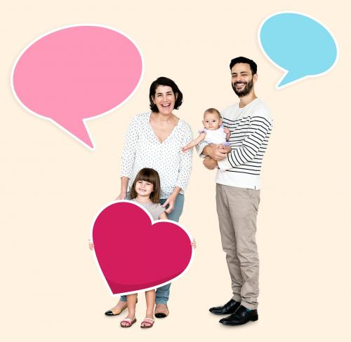 Happy family surrounded by speech bubbles - 490766