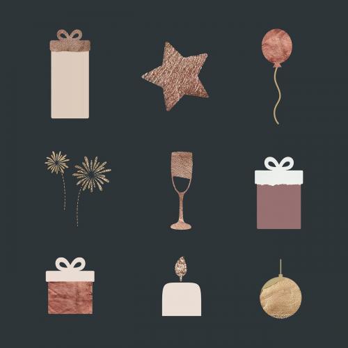 New Year gift boxes, star, balloon, fireworks, wine glass, pillar candle and gold ball doodle on black textured background vector - 1233563